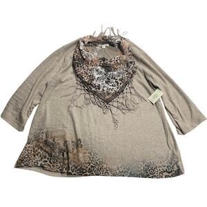 NWT Cactus & Pearl Sweater & Attached Scarf Jungle Animal Print Womens XXL Brown